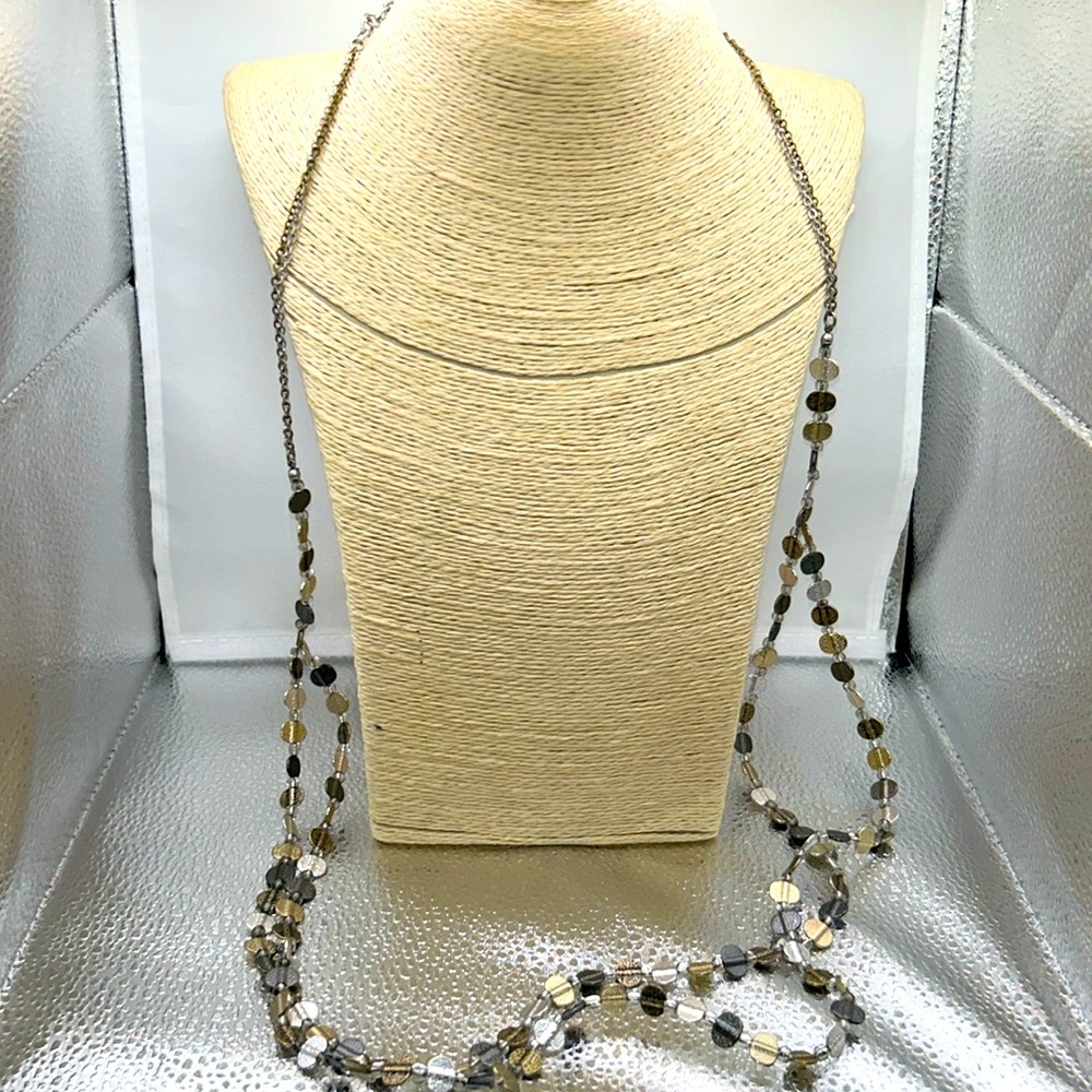 Chico’s metallic textured beaded necklace silver gold tone chain double strand